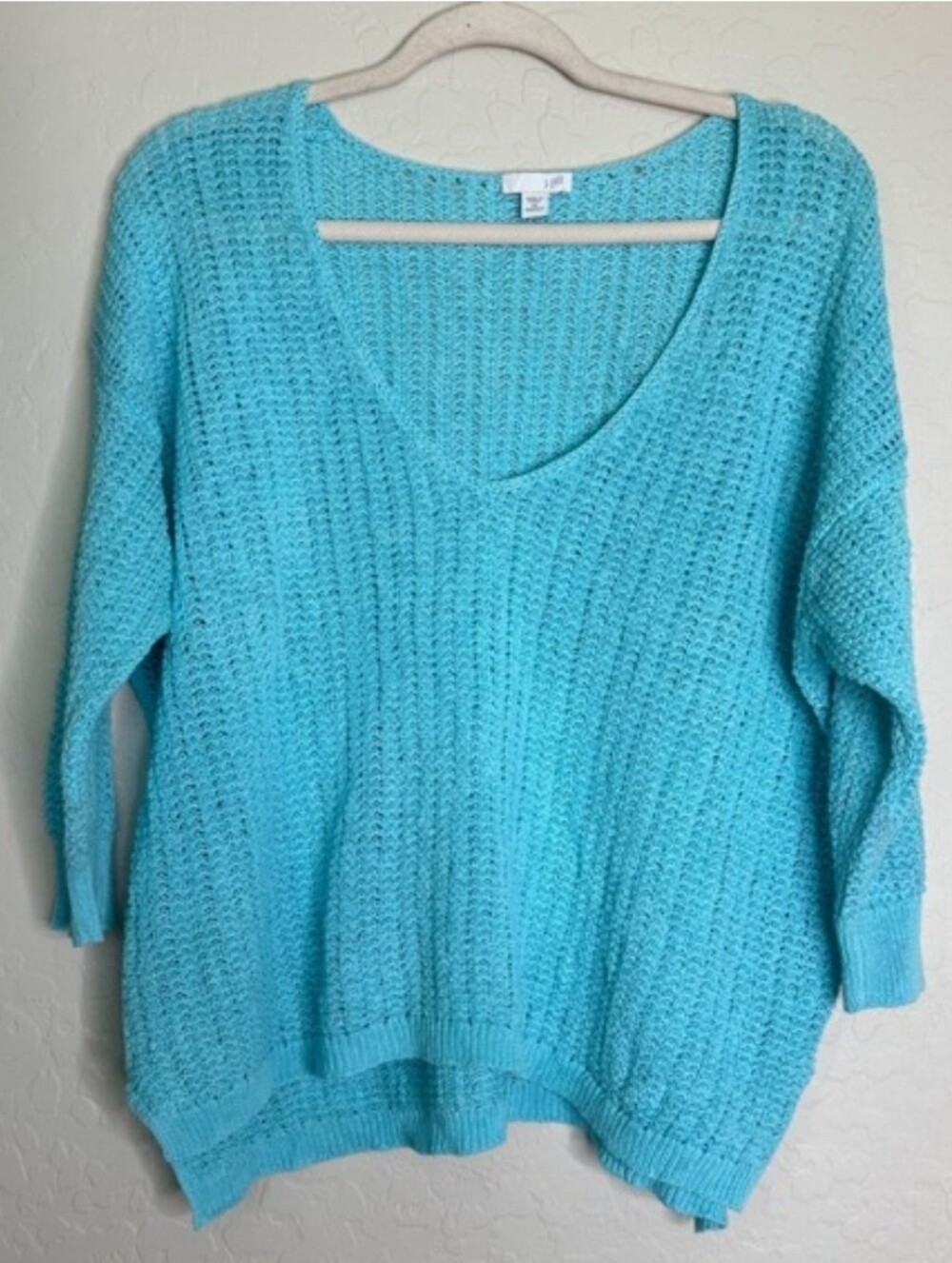 J. Jill Womens Cotton Blend Sweater 2X Turquoise Open Knit V-Neck Boho Coastal